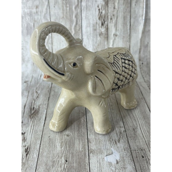 7” Elephant w/ Tusk Up Ceramic Statue Made in Brazil Figurine White - Picture 1 of 11